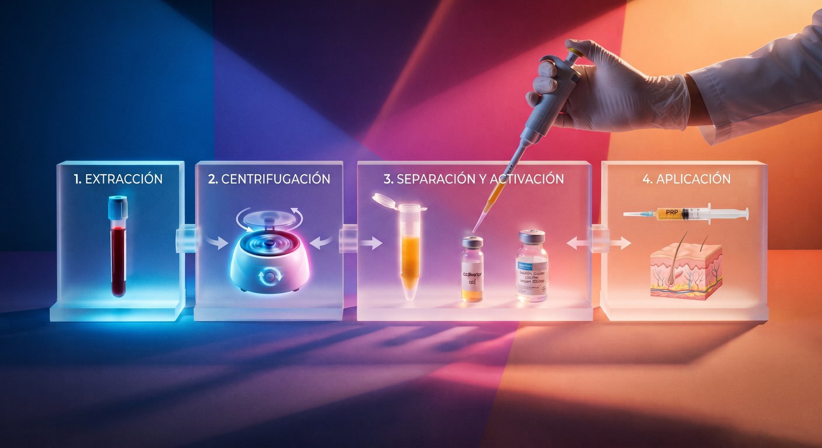 Las 4 etapas del PRP: extracción, centrifugación, separación y activación, aplicación